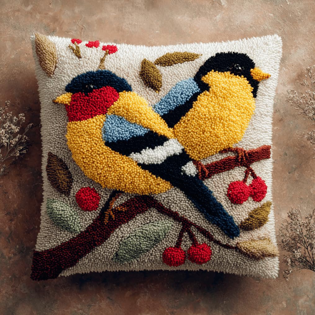 Taxpy Latch Hook Cushion Kits Bird Pillowcase Kits Embroidery Kit 17X17 Inch DIY Needlework Pillow Cover Sofa Cushion Rug Making