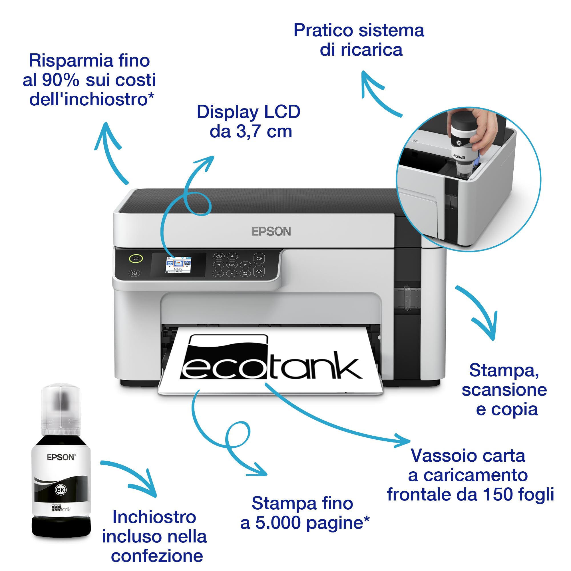 Epson EcoTank ET-M2120 Stampante multifunzione monocromatica 3-in-1 (Stampa, Copia, Scansione), Flaconi Inchiostro Inclusi Rendimento Nero fino a 5000 Pagine, Schermo LCD, Wi-Fi