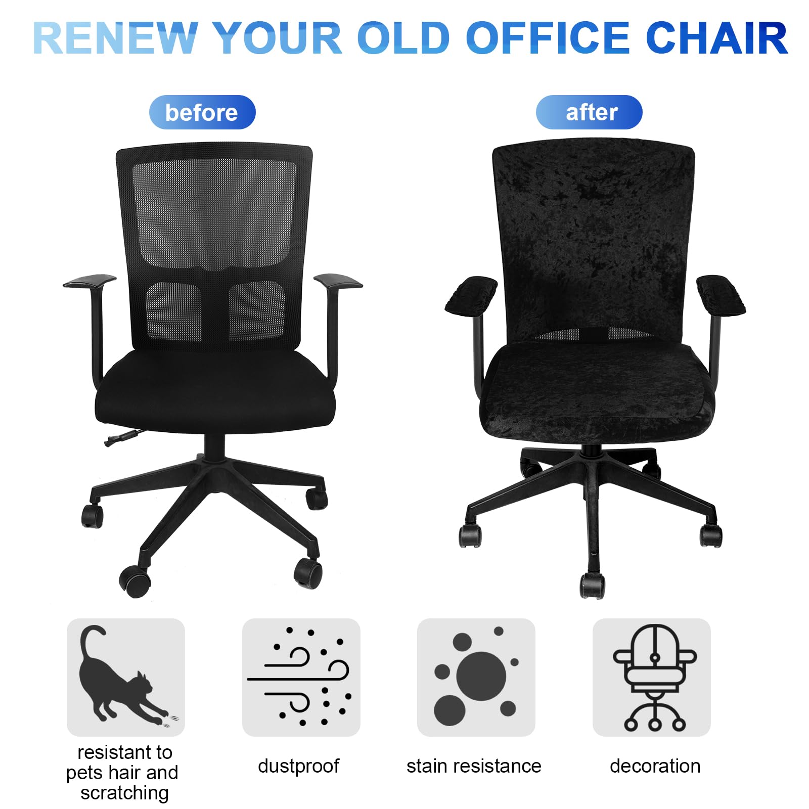 4-Piece Office Chair Cover Set - Stretchable Seat & Backrest Covers + Armrest Pads - Universal Fit For Desk Chairs