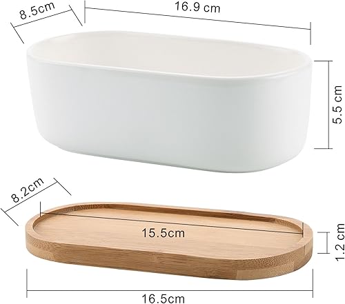 Miniatura 4 de T4U Macetas pequeñas blancas para suculentas con bandeja de bambú, contenedor ovalado para plantas de cactus para decoración de mesa de oficina en