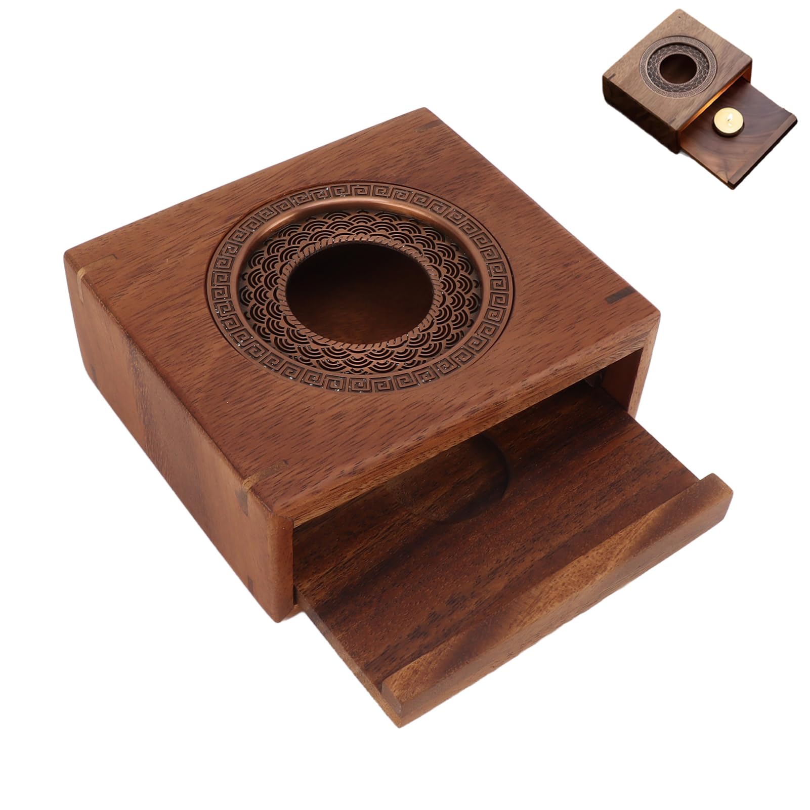 Chauffe-théière en noyer précieux, socle en bois de style japonais traditionnel