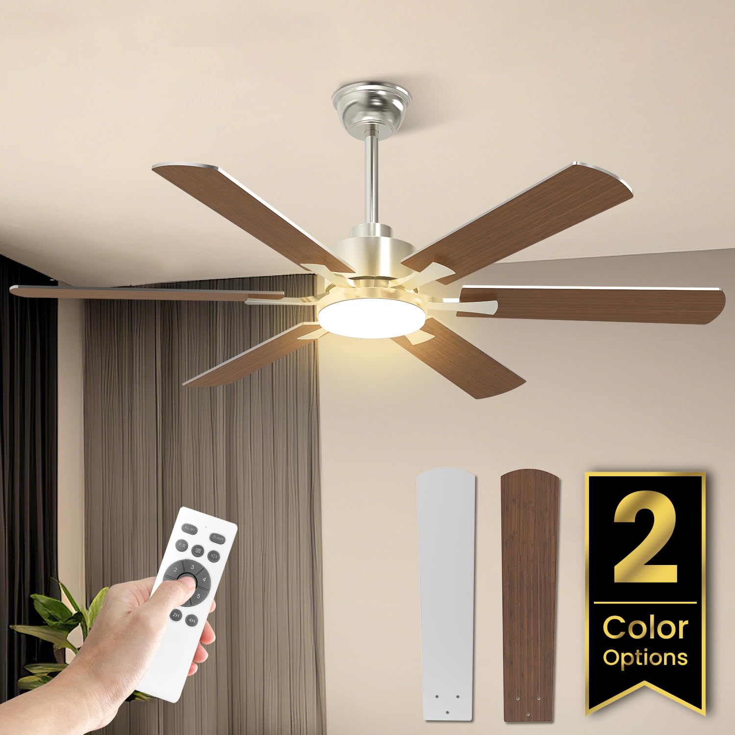 Ventilatore da Soffitto con Luce, 132cm Grande Ventilatore Soffitto con Luce e Telecomando, LED Lampadario Ventilatore con Silenzioso Reversibile DC Motore per Camera da Letto, Soggiorno