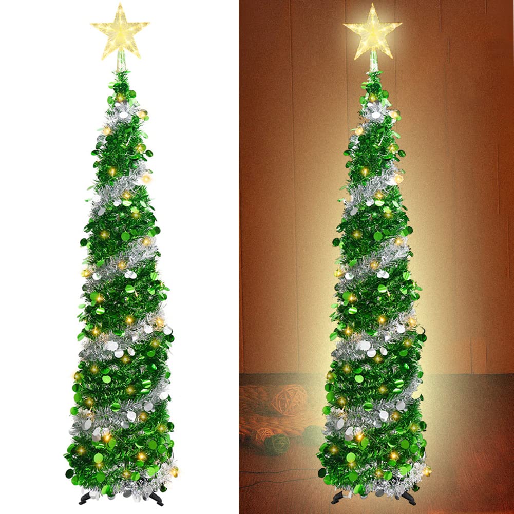 Sapin de Noël artificiel pliable avec 100 lumières LED et étoile pour les vacances, le carnaval, les fêtes, les décorations de Noël (vert)