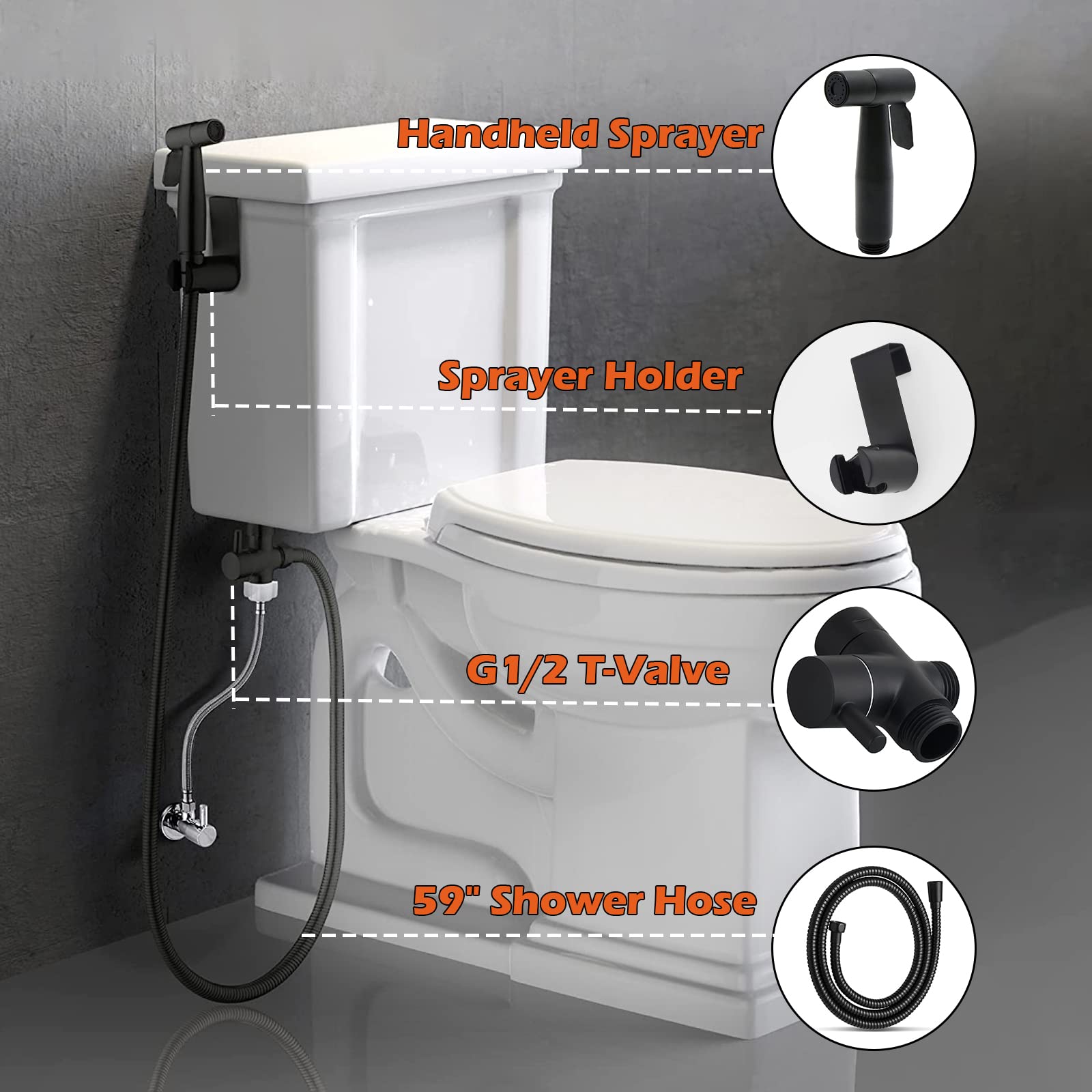 Set di doccetta per bidet, in acciaio inox spazzolato, bidet con valvola G1/2" e un adattatore G3/8" per doccia, bagno, carta igienica, pulizia dei pannolini (nero)