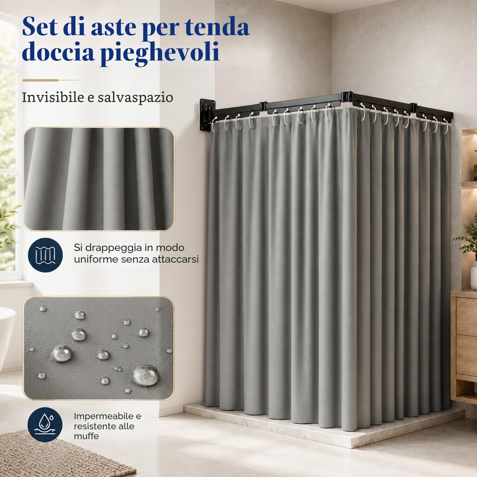 Tenda doccia senza forare, asta pieghevole con ventose, forma L e U, 120 cm, design pieghevole in 4 parti, per doccia angolare, vasca da bagno, camper