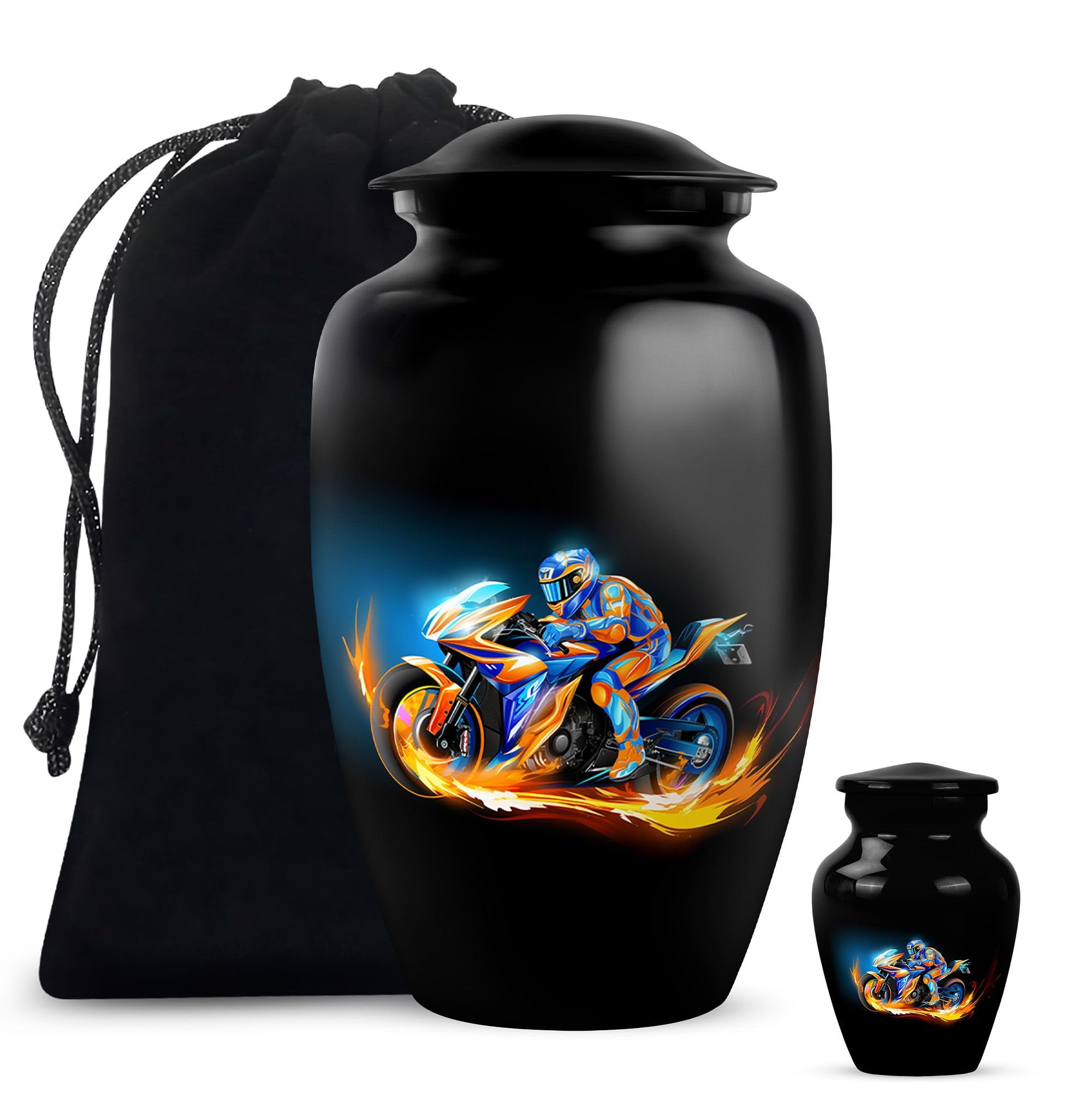 Bike-Themed Memorial Cremation Urn Combo – 10 Inch Large & 3 Inch Small Keepsake Urns for Ashes