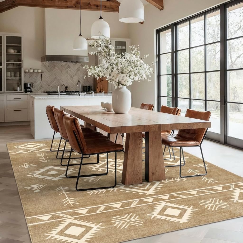 5x7 Area Rug Southwestern Tribal Geometric Rug with Non Slip Backing, Washable Low Pile Light Beige Sand Brown Carpet for Bedroom, Living Room, Dining Room, Home Office