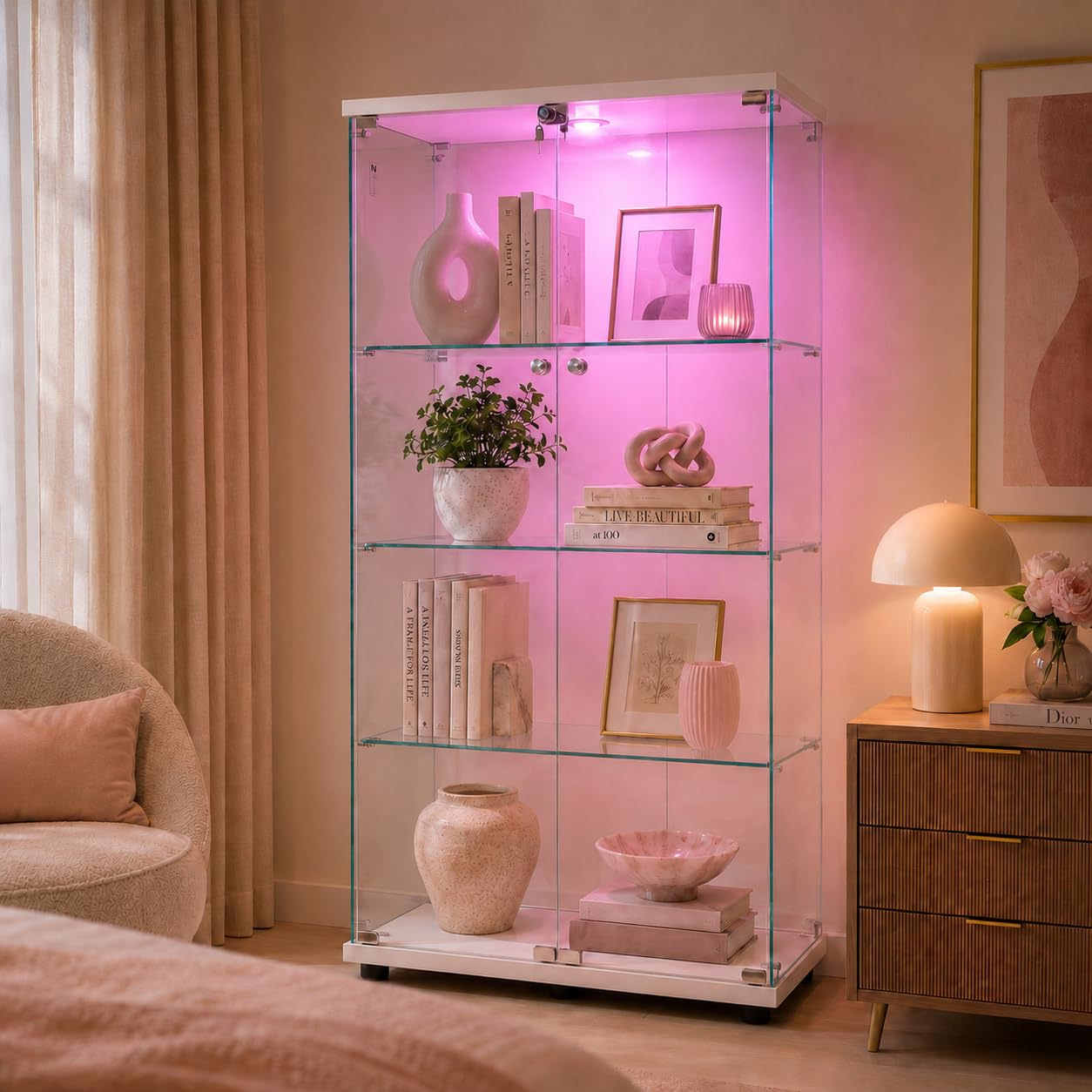 Glasvitrine Standvitrine mit Led, Sammlervitrine stehend mit 2 Glastüren abschließbar und 4 Böden Vitrinenschrank Transparente Vitrine Glas für Wohnzimmer Büro Sammlerstücke Bücher Wein (Weiß)