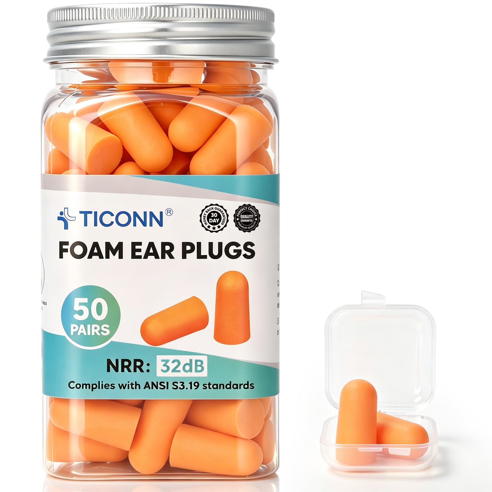 TICONN 50 Pairs Foam Ear Plugs Bulk Pack, 32 dB NRR Noise Cancelling