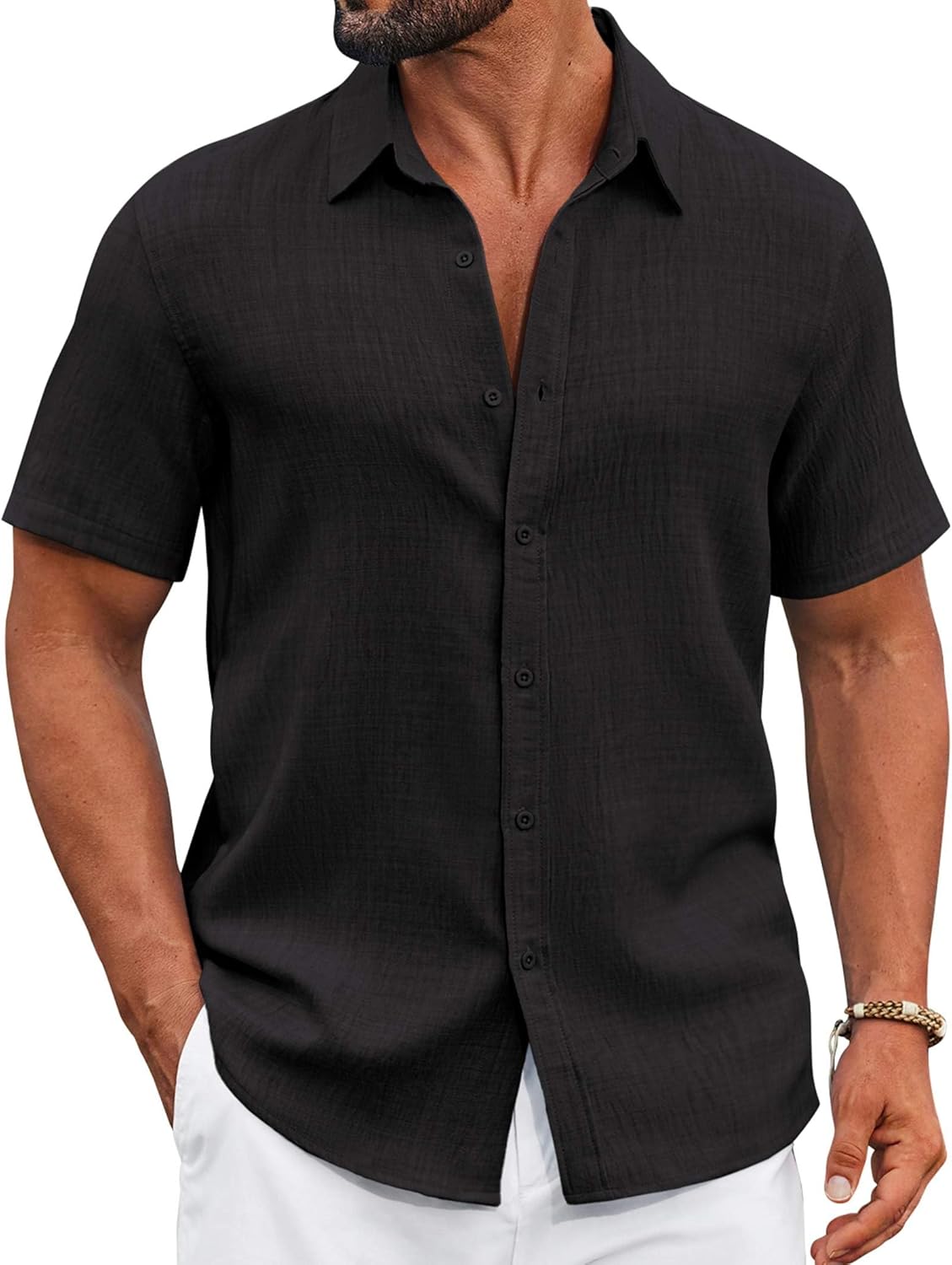 COOFANDY Men's Casual Button Down Shirts Short Sleeve Textured Summer Beach Shirt