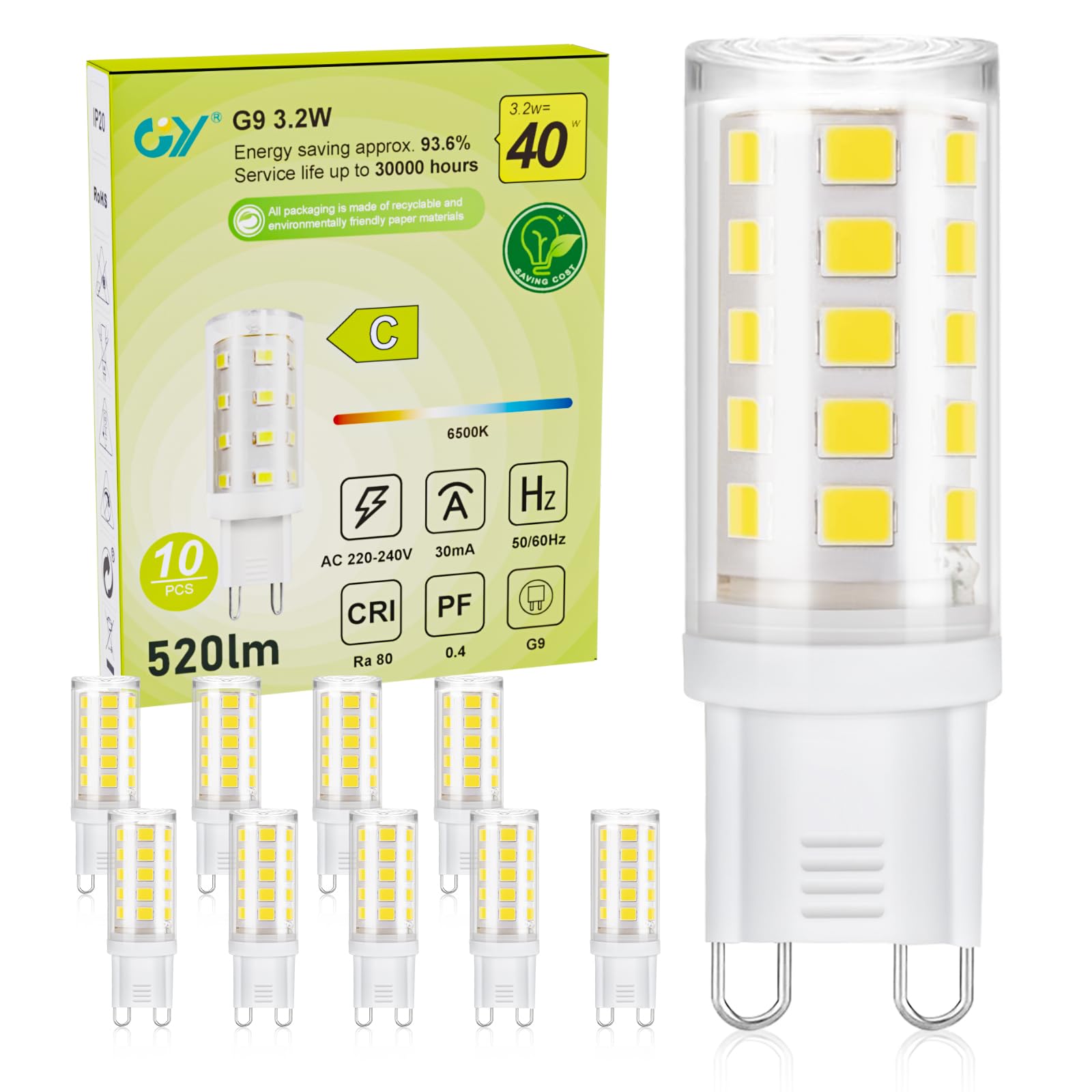 GY GY G9 LED Bulbs,3.2W Cool White 6500K Energy Saving Light Bulbs,Equivalent to 40W,520 Lumen No Flicker, Not Dimmable for Home Lighting Decor,10 Pack