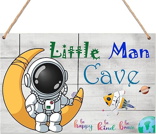 Miniatura 3 de JNFEUI Cartel de madera de la cueva del hombre pequeño del espacio de astronauta, decoración de la habitación del bebé, decoración de pared colgante