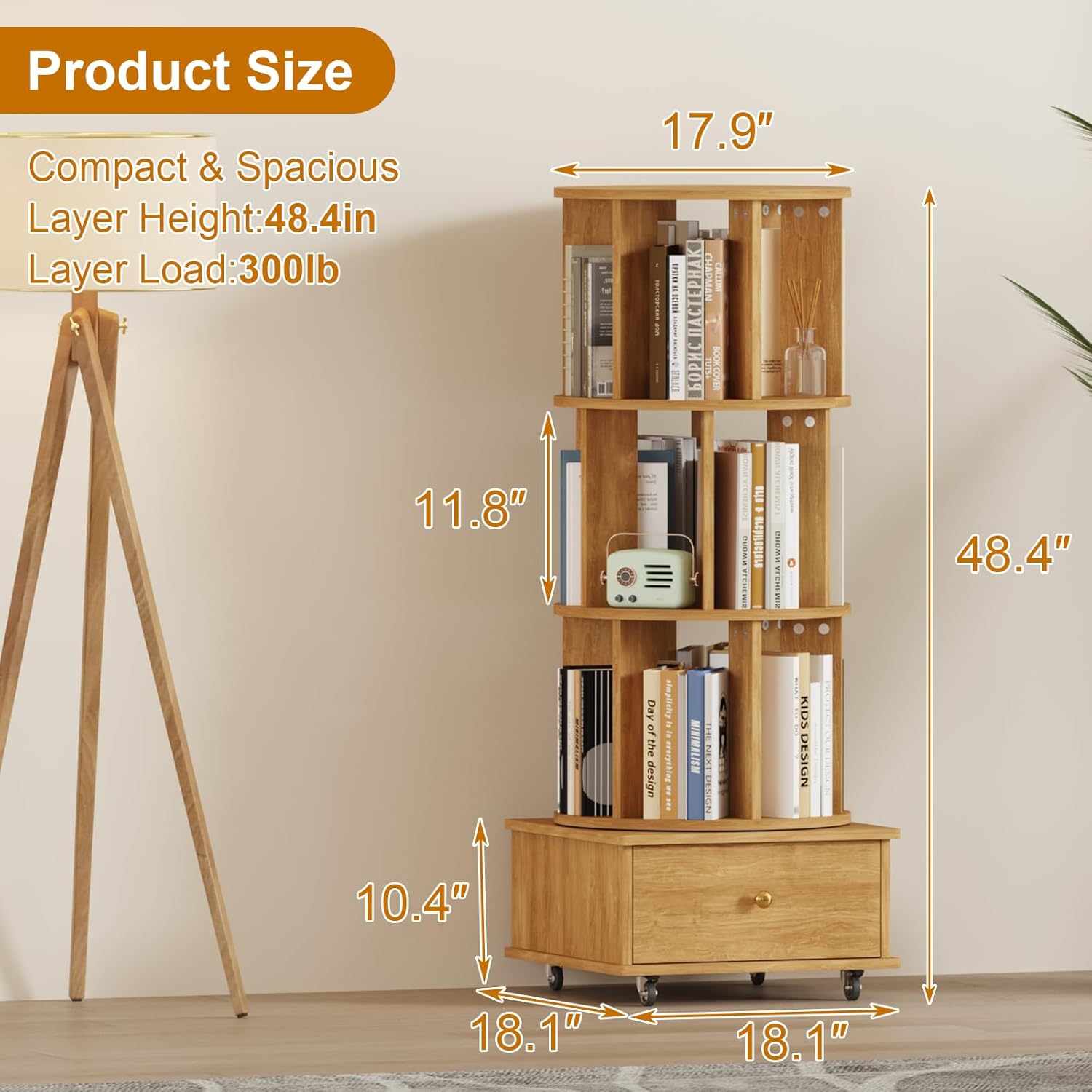 360° Rotating Bookshelf, Modern Spinning Bookcase Tower with Metal Wheels & Drawers, Vertical Thin Book Shelf for Small Space, Corner Decorative Bookshelf for Living Room/Bedroom/Office (4-Tier)