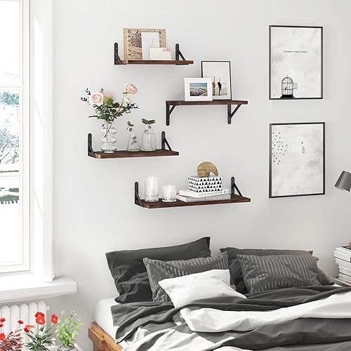 Miniatura 6 de YGEOMER Estantes flotantes, estantes de madera rústica, 4 juegos de estantes montados en la pared para decoración de baño, dormitorio, sala de estar