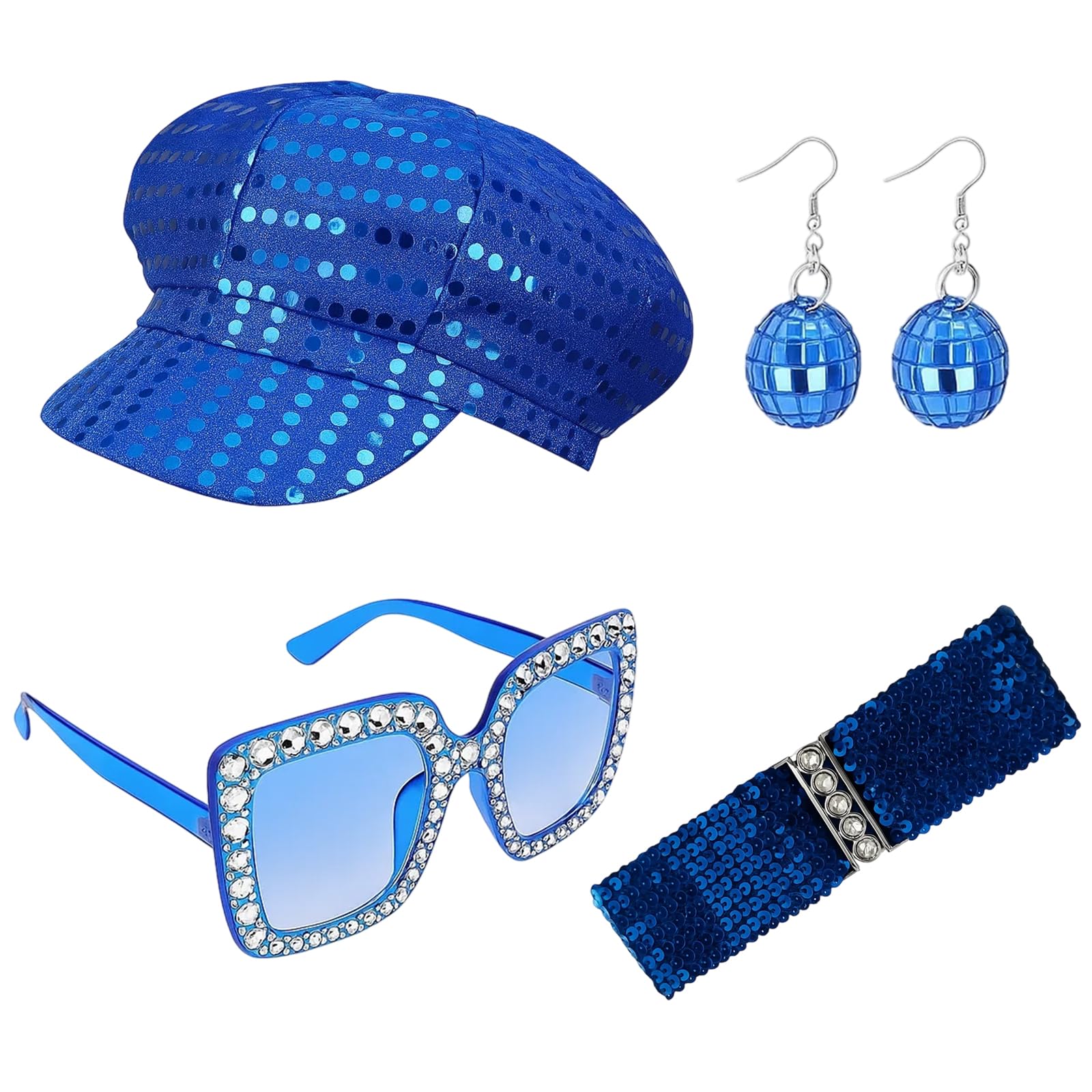 4PCS Abba Accessories for Women, 70s 80s Fancy Dress Costume Set with Blue Sequin Hat, Funky Sunglasses, Disco Ball Earrings and Belt, Halloween Christmas Party Outfits age 14+ (blue)