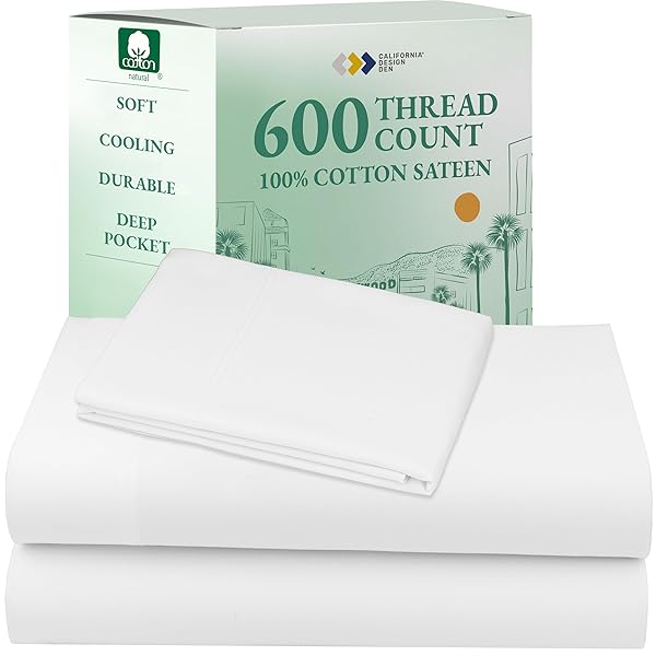 California Design Den XL Twin Sheets Set - Luxury 600 Thread Count 100% Cotton Sateen, Twin XL Sheet Set with All Around Elastic for a Snug Fit, Hotel Quality Bedding - White