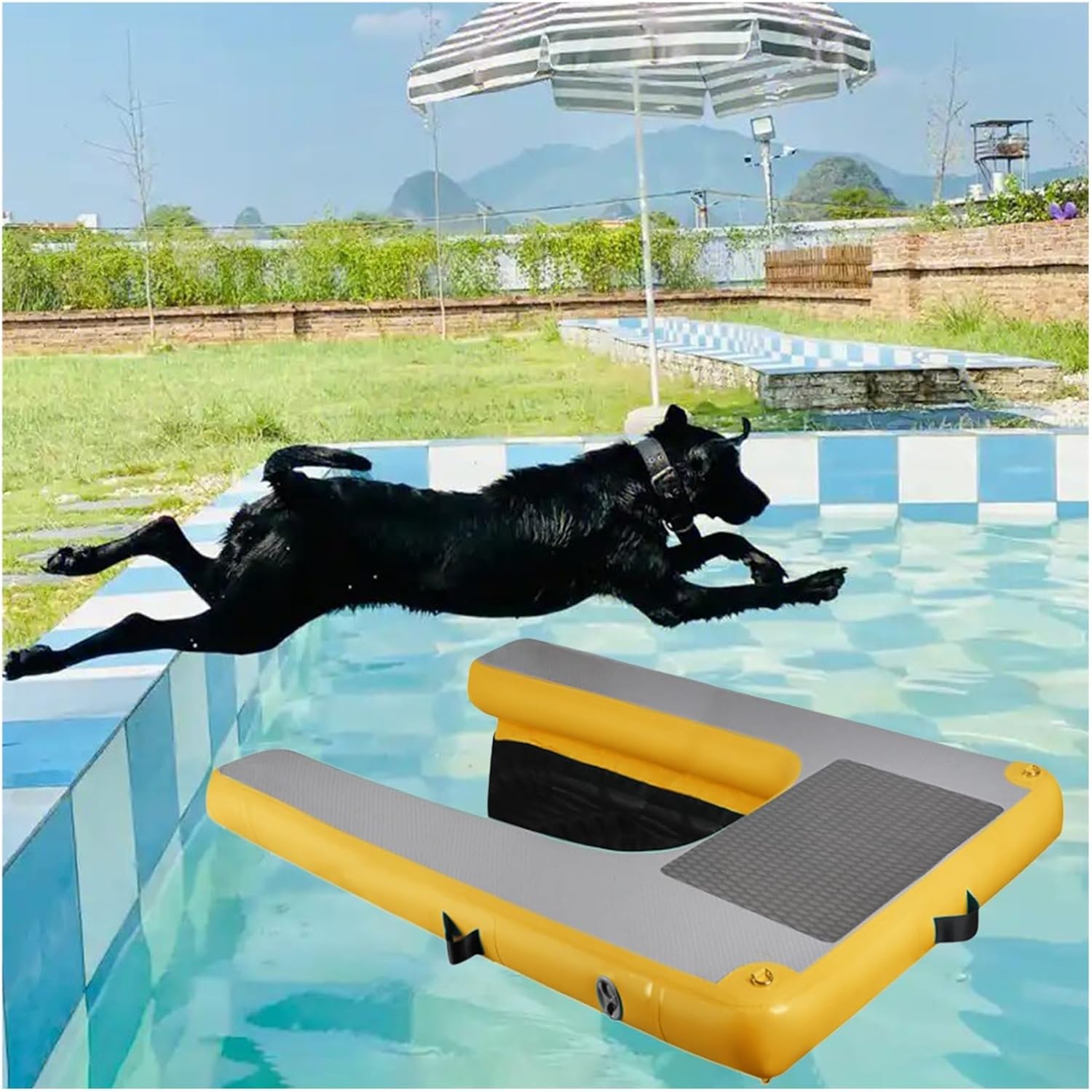 ERRULAN 4.9 X 3.2 Ft Extra Large Inflatable Dog Boat Ramp, Puncture-Resistant Dog Climbing Water Ladder for Dogs Up to 230 LBS, Floating Dogs Platform for Pool, Dock, Lake, Sea(Yellow)