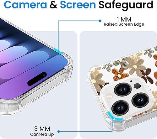 Miniatura 2 de Funda transparente para iPhone 15 Pro con diseño de flores retro, TPU suave, absorción de golpes, diseño delgado en relieve, funda protectora para