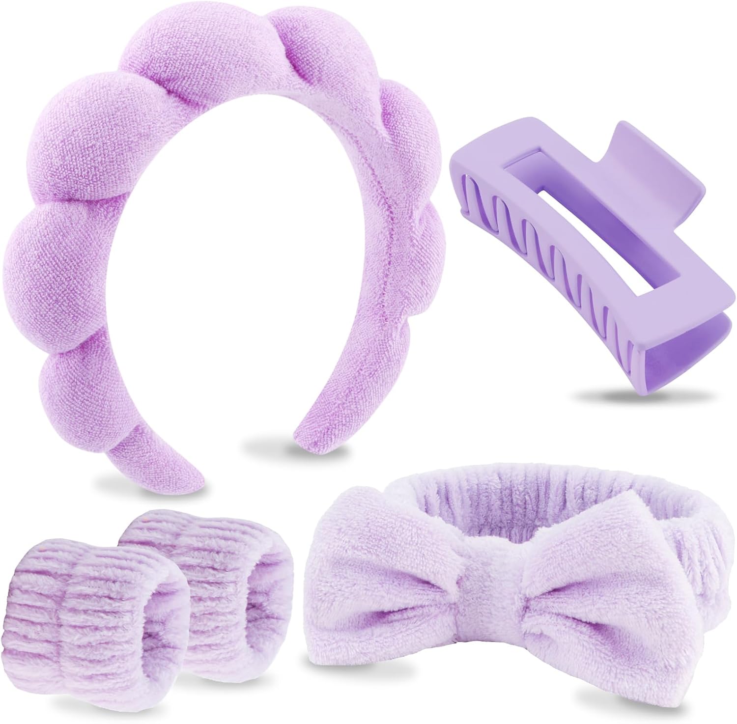 VELSCRUN 6 Pcs Purple Puffy Sponge Spa Headband Bow Tie Hair Band Hair Clips Wristband Set, Spa Headbands for Wash Face, Makeup Headband, Facial Skincare Headbands Women Girls Hair Accessories Gifts