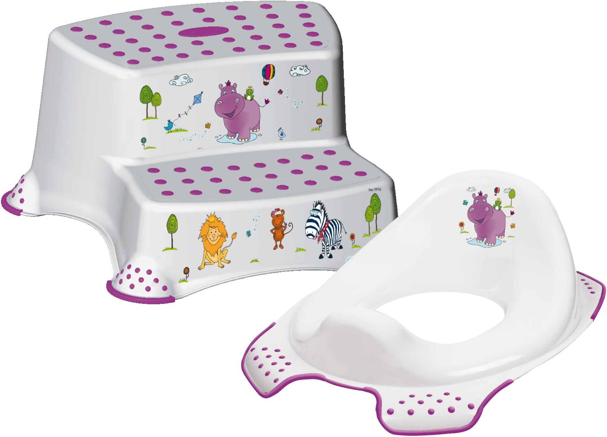 Happy Friends Hippo Unisex Toddler Universal Fitting Toilet Training Seat and Double Step Stool Combo with Safety Grip Feet - White