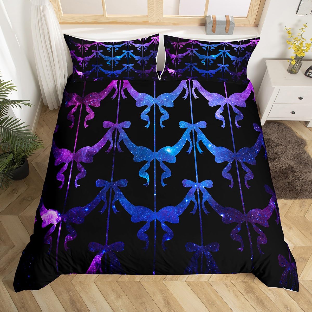Loussiesd Blue Purple Bows Duvet Cover Girls King Size Watercolor Bow Bedding Set For Kids Cute Bowknot Comforter Cover Set Coquette Bows Bedspread Cover Room Decor Bedclothes Zipper,No Comforter