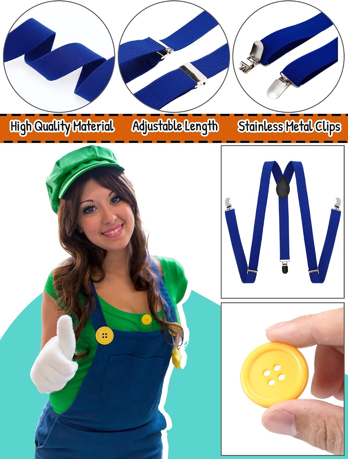 Halloween Bros Costume Accessories for Women Adult Duo Halloween Cosplay Plumber Costume Accessories Hats Mustache Dress Gloves Suspenders Socks for Teen
