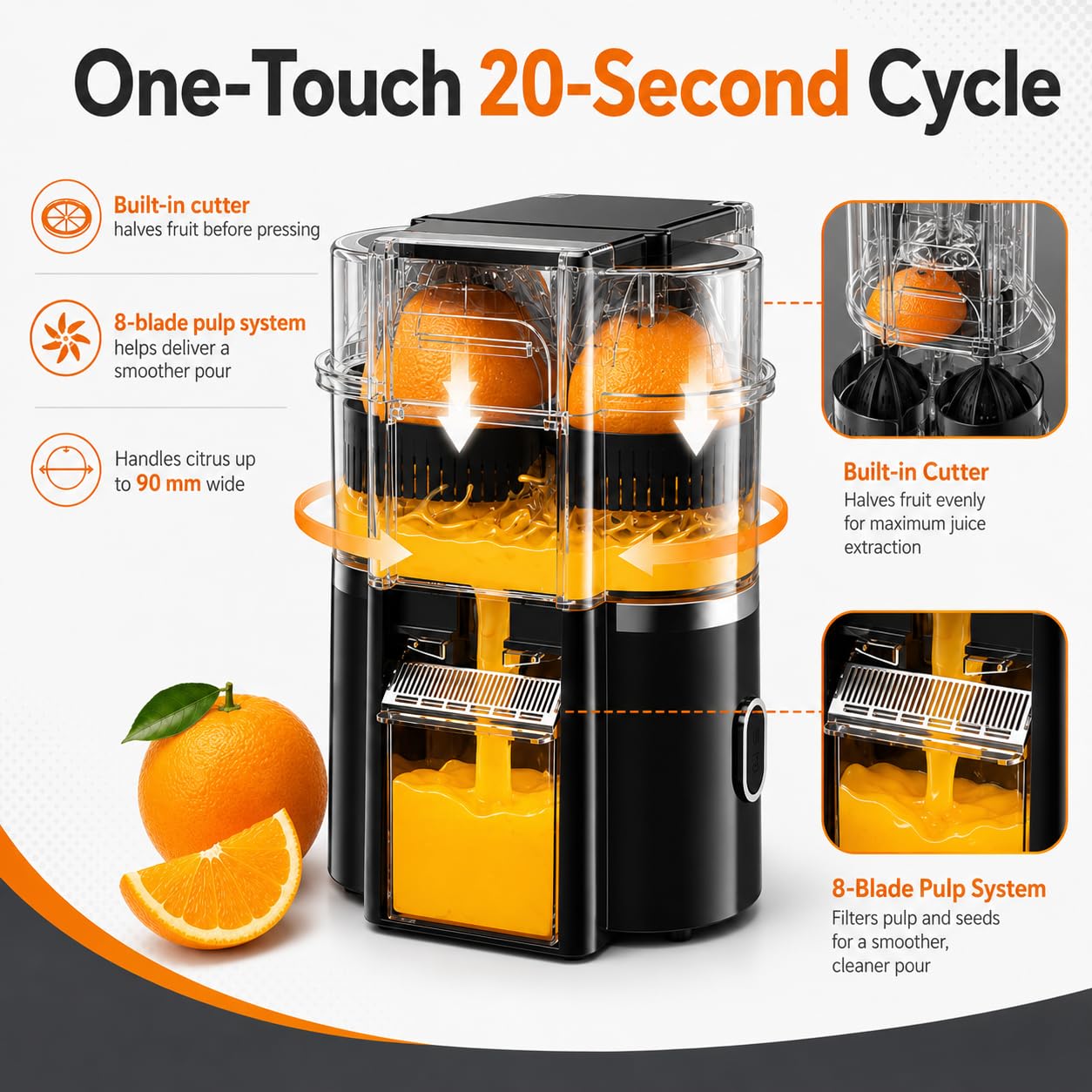 Presse-agrumes électrique sans fil, fruits jusqu'à 90 mm de large