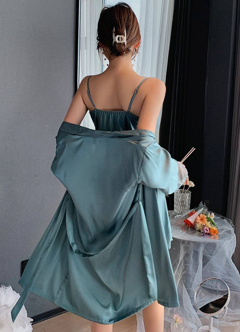 OZEO Accappatoio Donna,Due Pezzi Accappatoio Kimono Sexy in Raso Cuciture in Pizzo con Scollo A V Vestito Estivo Vestaglia Blu Pavone Pigiama Set Babydoll Sposa Vestaglia Bademantel Damen,L