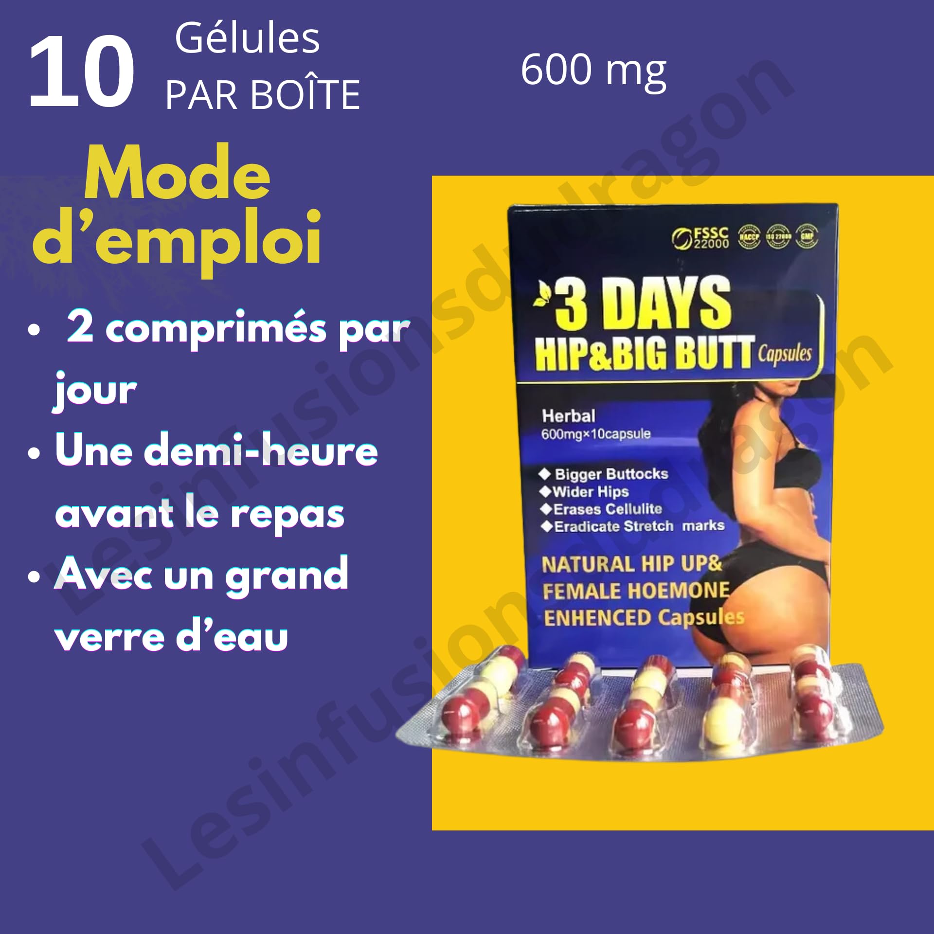 6 cajas : 3 DAYS HIP, Suplemento alimenticio para aumentar las nalgas y las caderas
