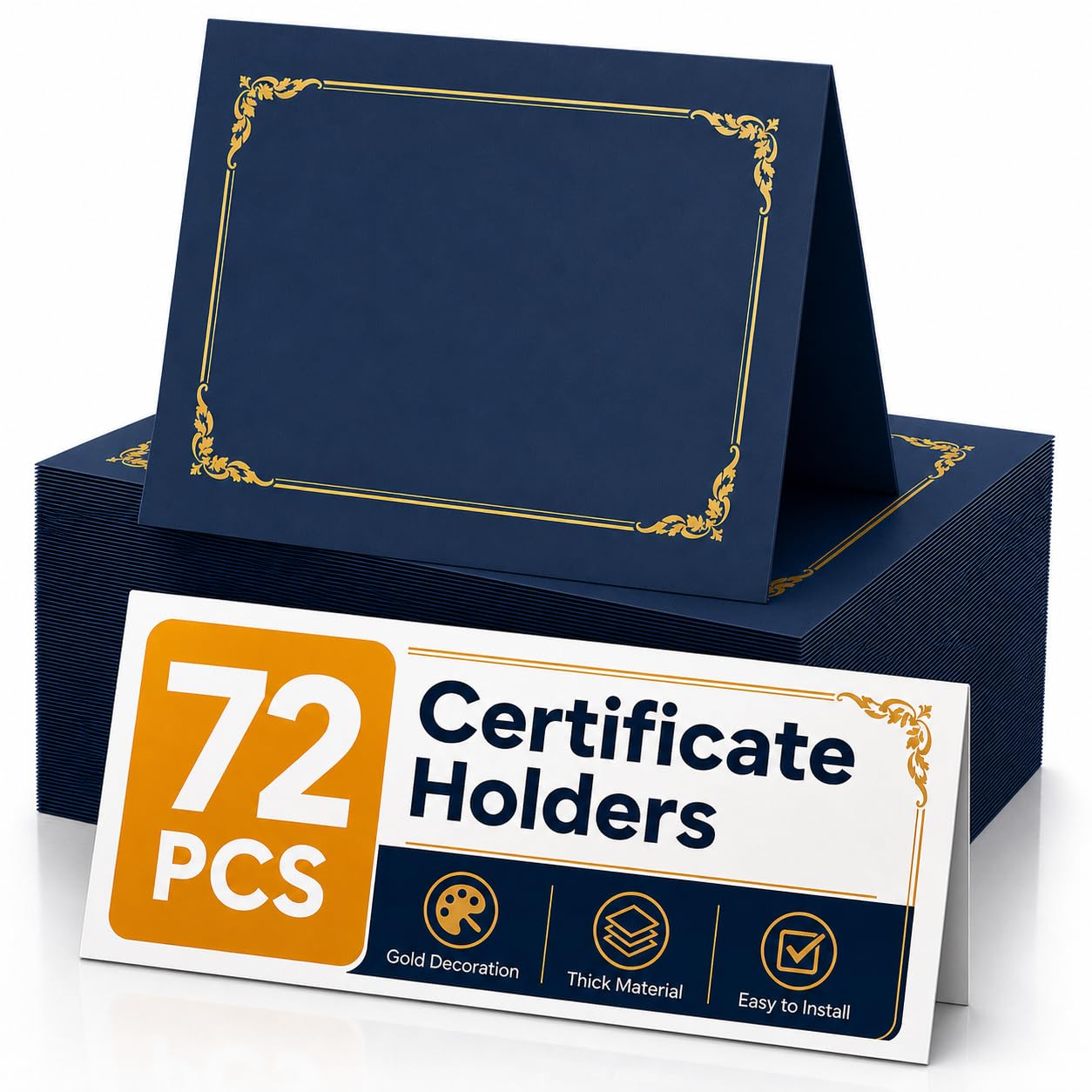 72 Packs Certificate Covers, 250gsm Navy Blue Diploma Holders with Gold Foil Border, Suitable for Inner Pages with a Size of 8.5x11 Award Certificates, Document Papers, Paper Card Stock