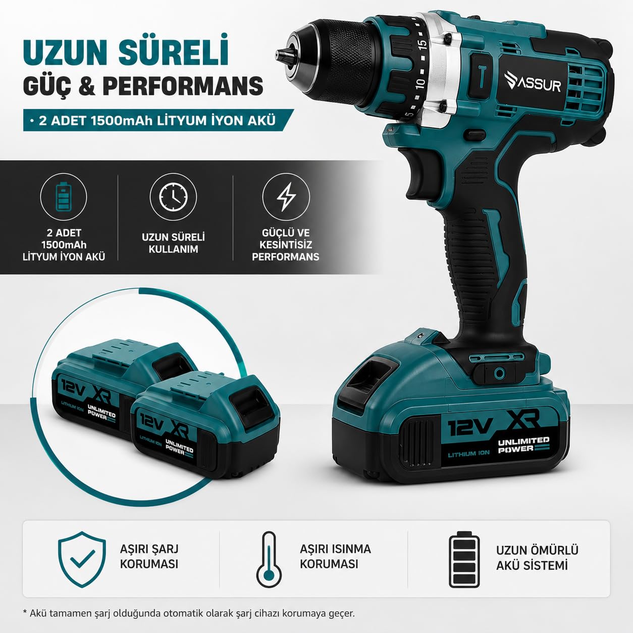ASSUR Akülü Matkap 12V, 2 Vitesli Şarjlı Vidalama Seti, 84 Parça Uç Seti ile, LED Aydınlatmalı, Çift 1500mAh Lityum İyon Batarya, 10mm Mandren, 2 Yıl Garantili