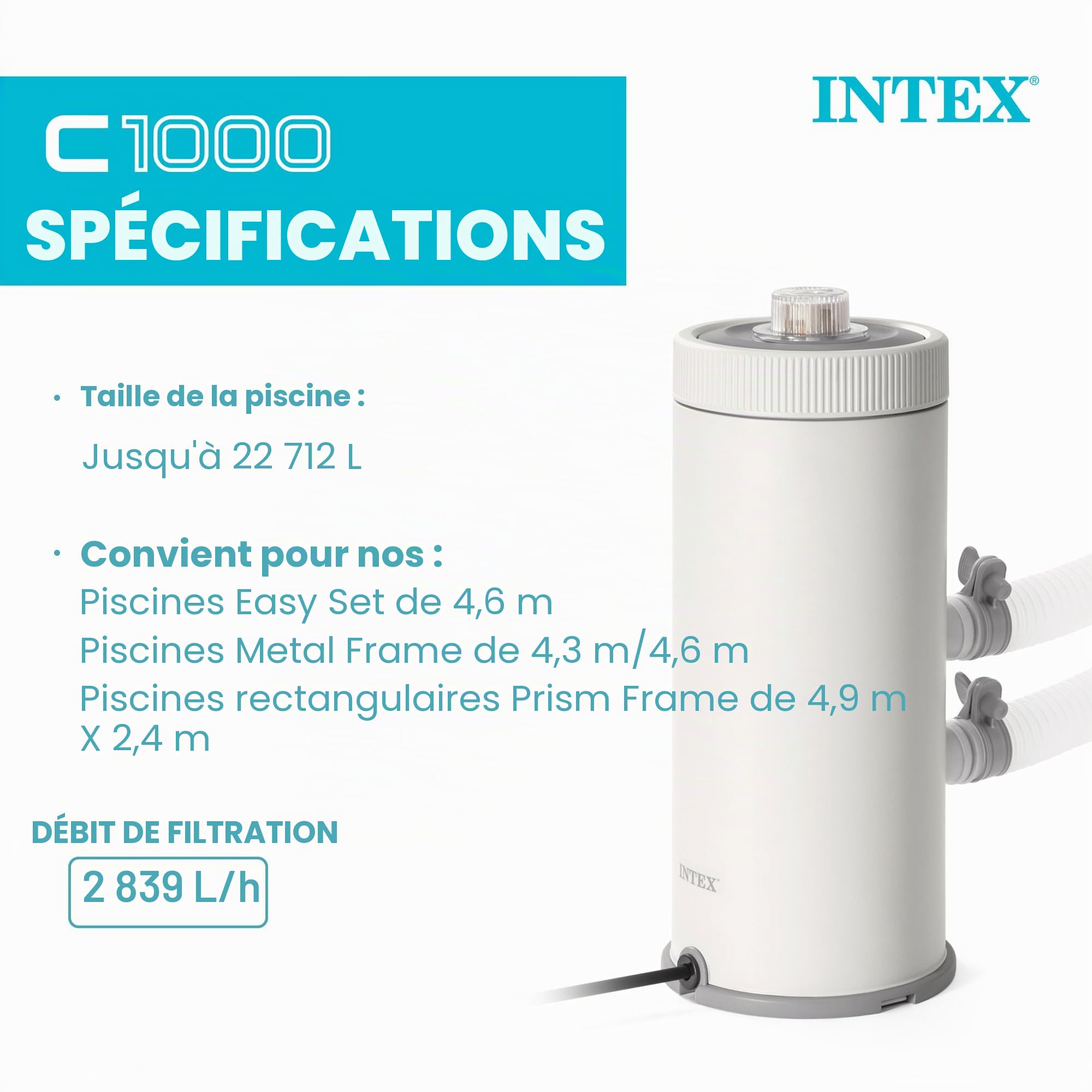 INTEX Krystal C1000 Pompe de filtration à cartouche transparente pour piscine hors sol : débit de la pompe 1000 GPH – Circulation et filtration améliorées – Installation facile – Clarté améliorée de