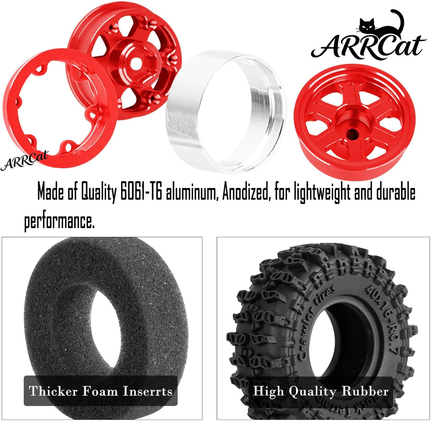 4Pcs 0.7 Beadlock Wheels and Tires for 1/30 SCX30 1/32 Red cat Ascent-32 RC Crawler Car,0.7 in Aluminum Heavy Duty Rims & RC Off Road Wheels Tires w/Sponge,RC Highway Drift Buggy Rally,Red