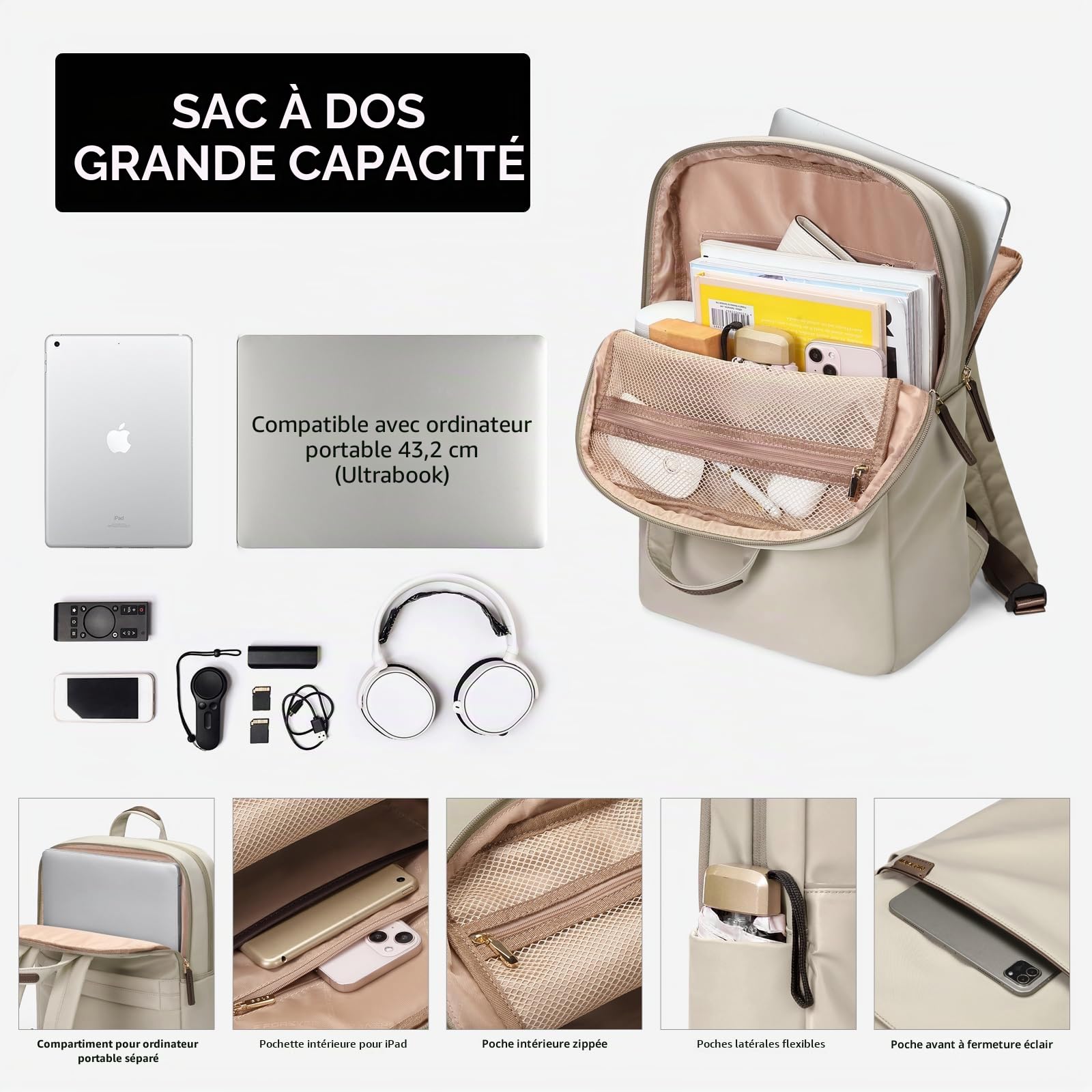 GOLF SUPAGS Sac à Dos Femme pour Ordinateur Portable 17 Pouces, Sac PC Portable pour Affaire Travail Collège Voyage, Sac École Léger Abricot