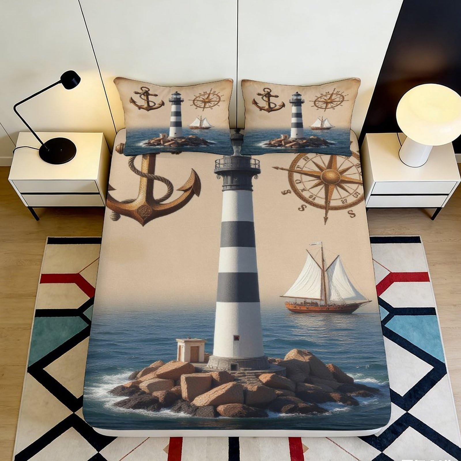 3D Printed Lighthouse Ocean Fitted Sheet Microfiber Nautical Sailboat Mattress Cover for Bedroom Guest Room Decor 120x200cm 180x200x25cm