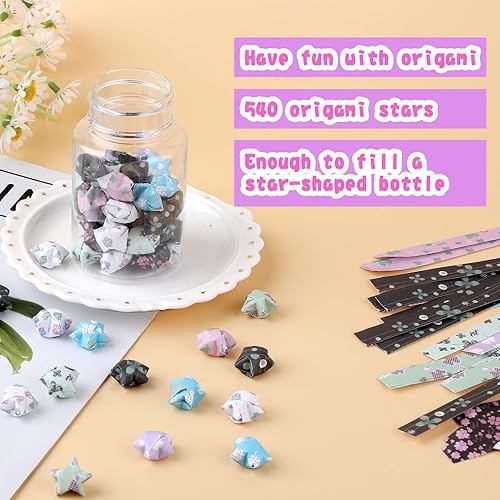 Miniatura 6 de 540 hojas de tiras de papel de estrella, trébol de la suerte de cuatro hojas de la suerte, decoración de tira de origami, papel plegable para