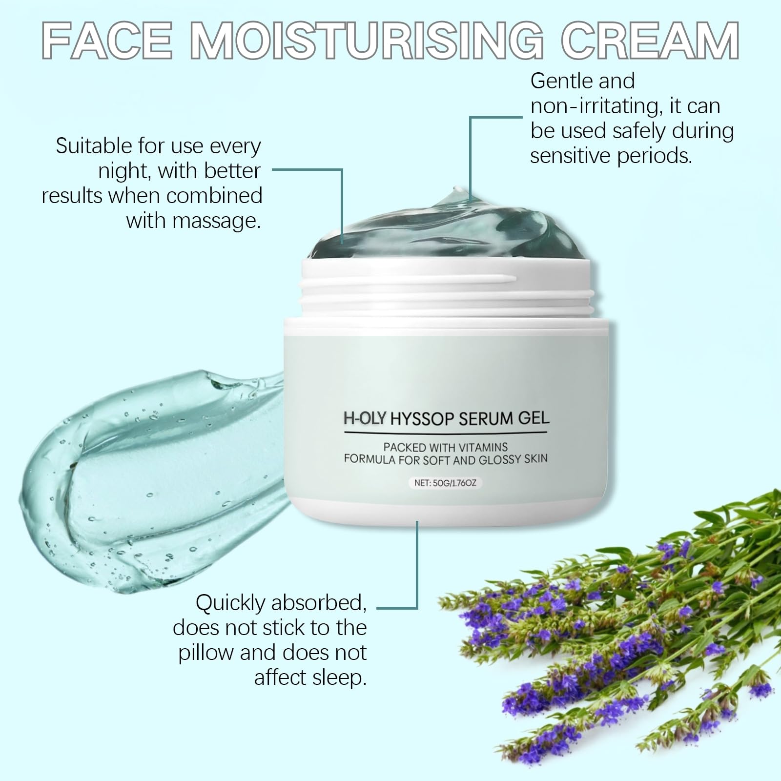 Glow Hyssop Overnight Facial Serum Gel, Hydrating & Anti-Aging Serum for Korean Glass Skin Soothing Face Moisturising Cream - Image 4