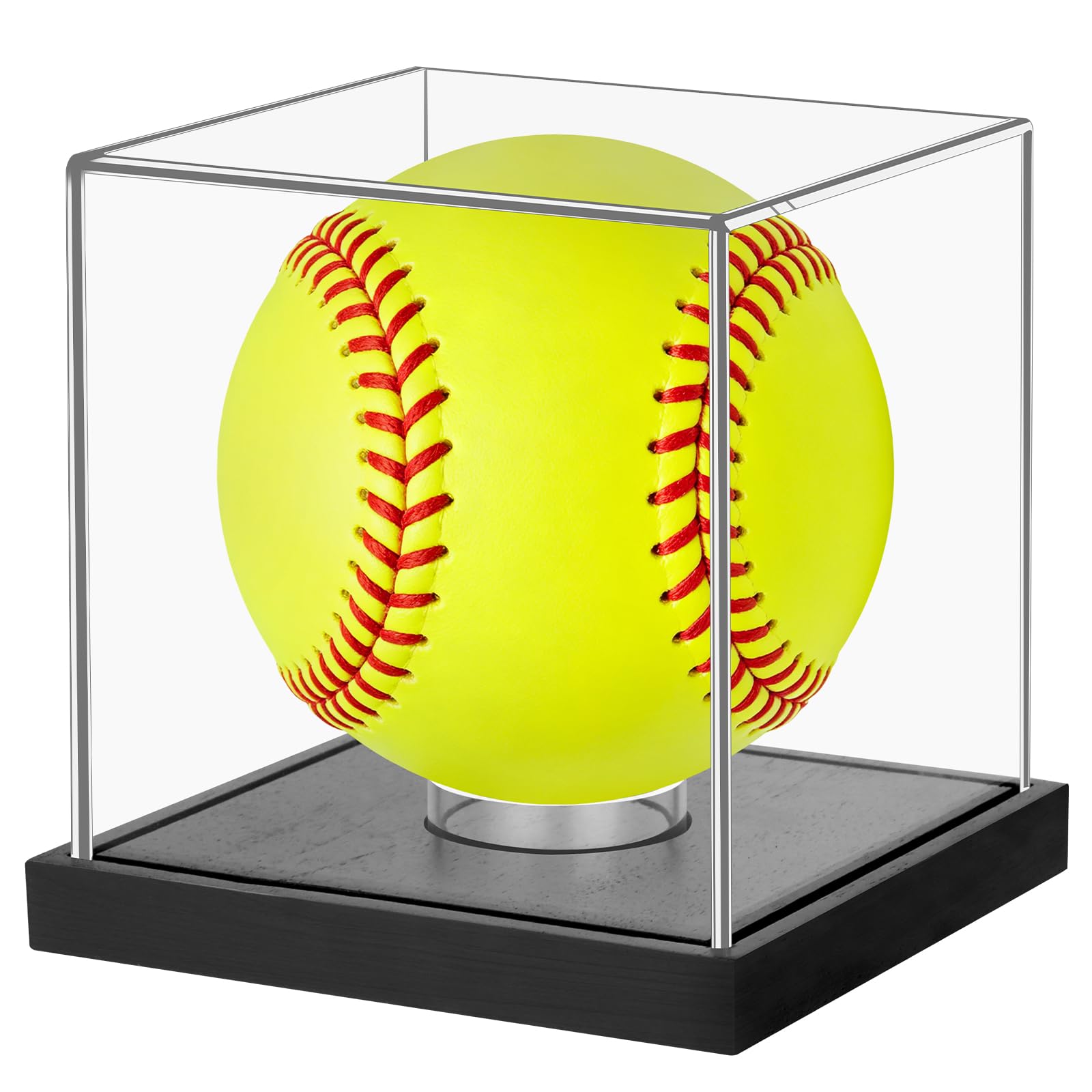 Clear Acrylic Softball Display Case with Black Wood Base &amp; Acrylic Holder, Memorabilia Stand Cube Holder, Dust Protection Transparent Storage Box for Single Ball Souvenir Softball Collections