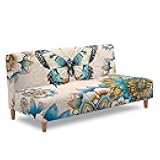 GLENLCWE Butterfly Futon Cover Beige Sofa Cover Without Armrests Stretch RV Couch Protector with Elastic Bottom Washable Soft Sofa Bed Slipcovers Anti Slip Furniture Protector