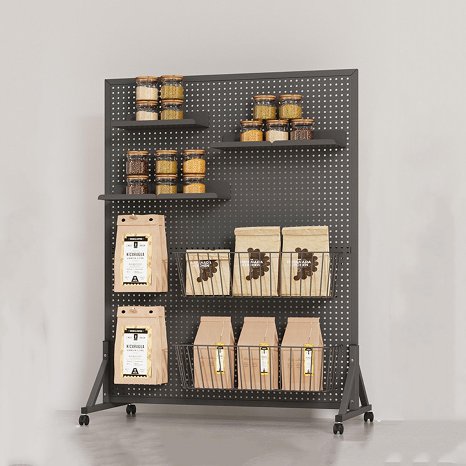 Vertical Floor Display Rack With Wheels, Steel 42 Inch Tall Supermarket/Store/Retail/ Grocery/Home Shelf for Display Models Kid's Toy Snacks Craft Supplies, Tool Storage Pegboard ( Color : Black , Siz