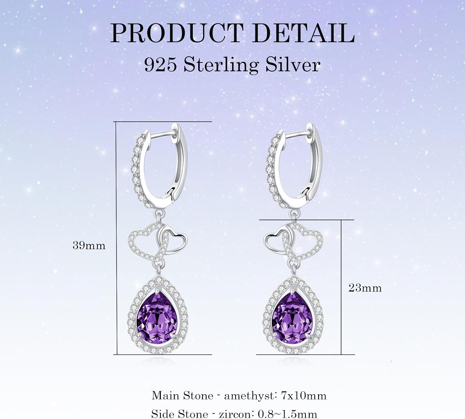 925 Sterling Silver Natural Amethyst Drop Earrings for Women, Love Designs with Zircon Accents, Dangle Huggie Hoop Earrings Jewelry Gift Collection