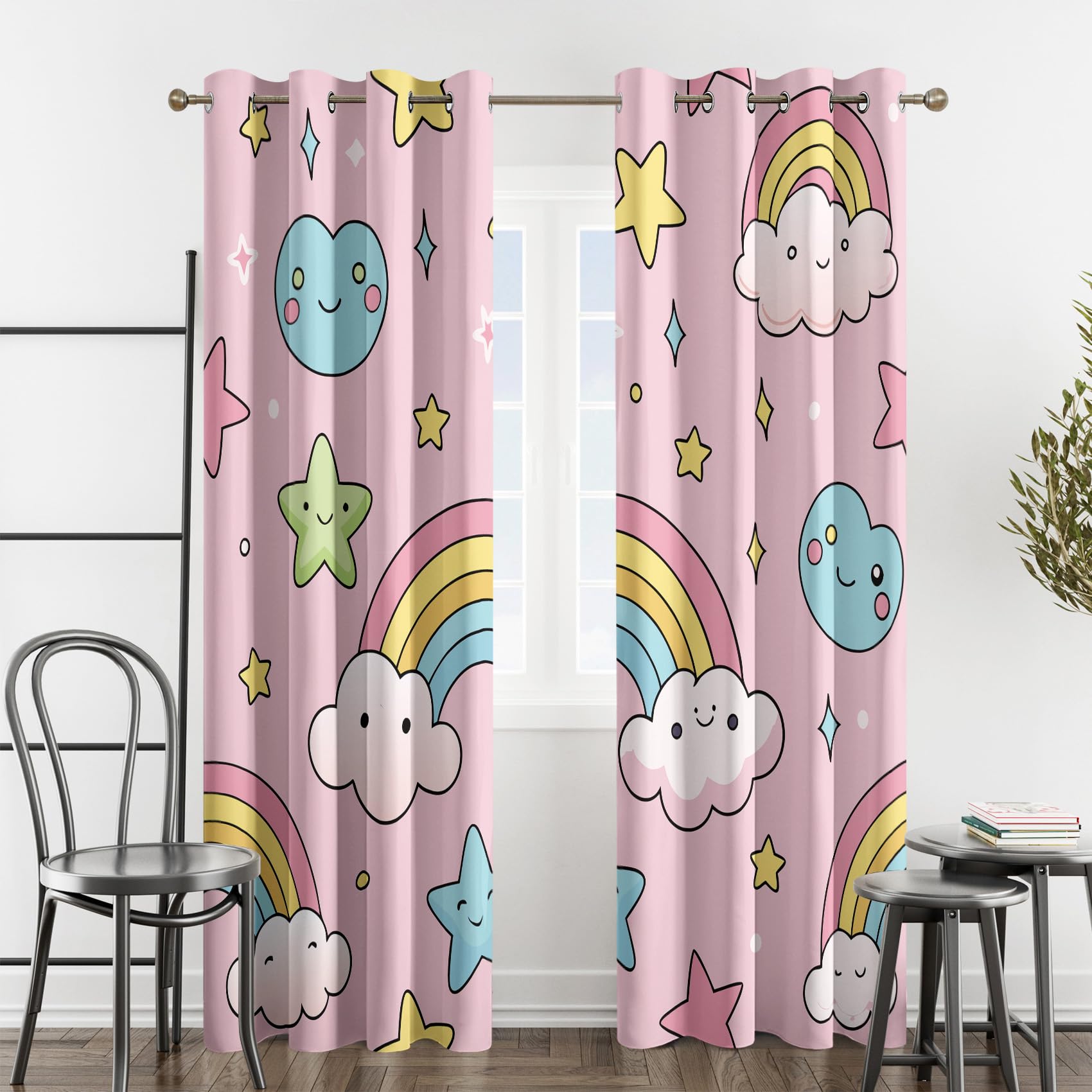 Rideau Occultant Arc-en-Ciel Rose Nuageux, Étoile Motif Rideaux Thermiques à Oeillets, Rideaux Imprimé pour Salon Chambre Fenetre Moderne Décoration, 140x200 cm (L x H), Lot de 2