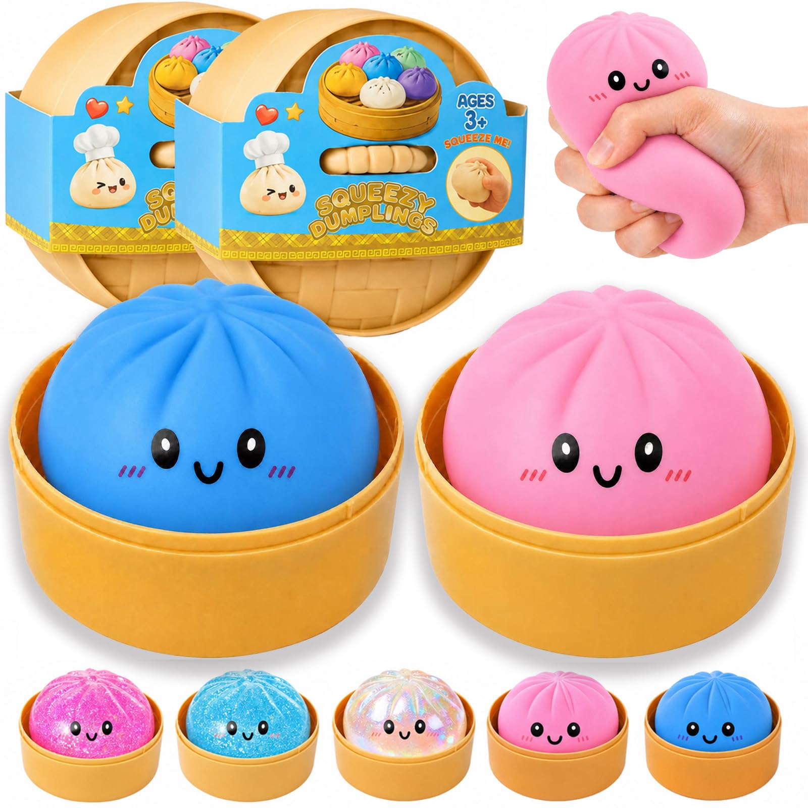 Dumpling Squishies, Glitter Dumpling Mystery Box, Fidget Sensory Toy for Adults,Colorful Dumplings Stress Balls with Food Steamer,Stretchy Desk Toys (Pink + Blue)