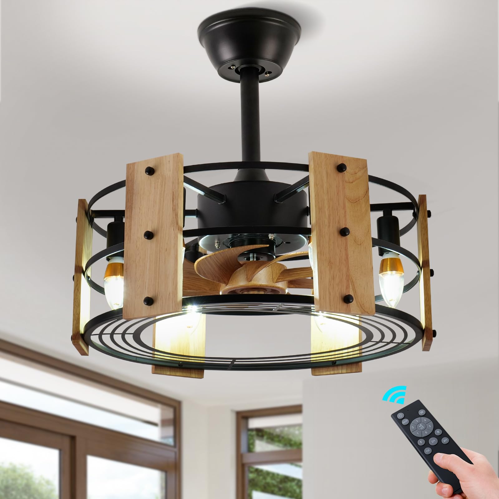 CLAIRDAI Farmhouse Flush Mount Ceiling Fan with Light, 20 Inch Industry Wood Low Profile Ceiling Fan with Light Remote Control for Bedroom Living Room Kitchen (008-Wood Color)