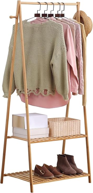 Bamboo Clothing Rack with Top Hanging Garment Rod, 2 Side Hooks & Bottom 2-Tier Shelves Space-Saving Organizer for Clothes, Hats, Bags & Shoes