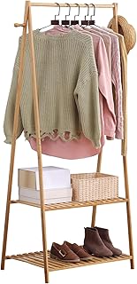 Bamboo Clothing Rack with Top Hanging Garment Rod, 2 Side Hooks & Bottom 2-Tier Shelves – Space-Saving Organizer for Clothes, Hats, Bags & Shoes