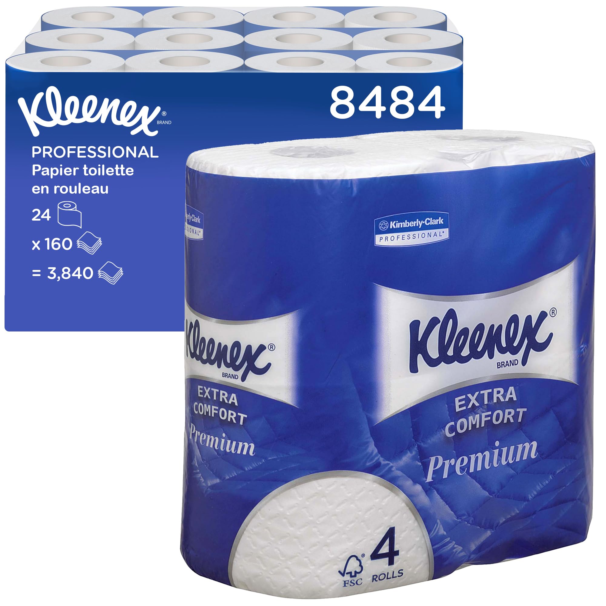 Kleenex Papier Toilette, 4 Épaisseurs, Blanc, Doux et Résistant, Certifié FSC, Format Petits Rouleaux, 24 Rouleaux x 160 Feuilles (3 840 Feuilles au Total), article 8484