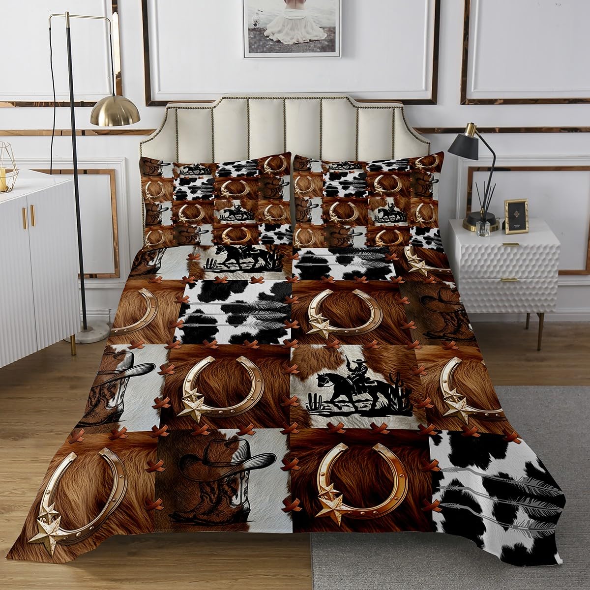 Western Bedspread Queen Size, Cowboy Boots Hats Horseshoes Coverlet Set 3pcs, Abstract Cow Fur Print Patchwork Quilted Coverlet with 2 Pillowcases, Kids Boys Teens Room Decor, Soft Bedding Quilt