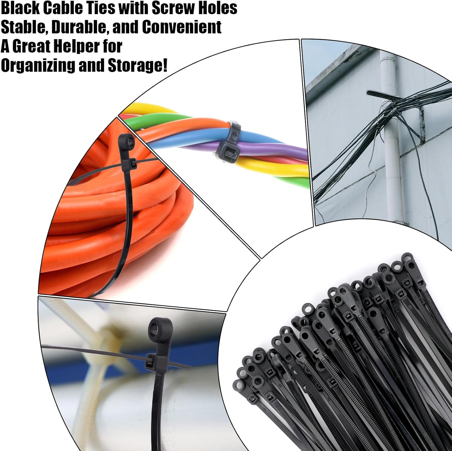 100pcs Black Zip Ties with Screw Mounting Hole, 200mm/7.87in Nylon Universal Cable Wraps Tie Buckle Mountable Head for Wall Wire Fixion Management Tools Indoor & Outdoor Use