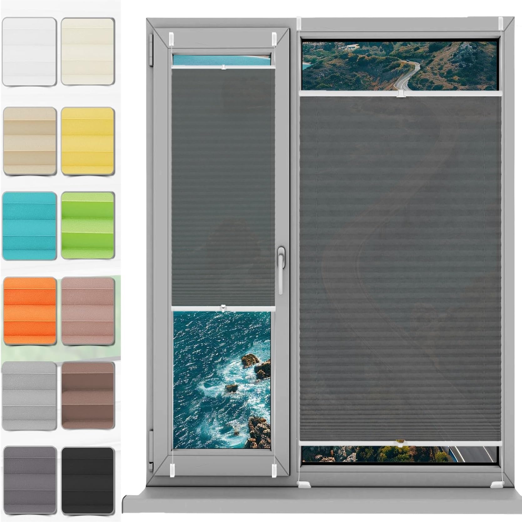 No Drill Blinds Temporary Window Blinds 56 x 60 cm (W x H), No Tool No Drill Shades Top-Down Bottom-Up, Blackout Blinds Window No Drill, Temporary Window Blinds, for Window Door, Grey